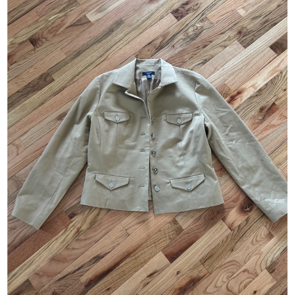 Chaps Womens Tan Beige Cotton Military Blazer Jacket Silver Crest Button Size XL